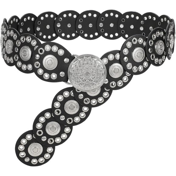 Women Vintage Disc Waist Concho Leather Belt Boho Waist Belt Black Silver Buckle - Picture 1 of 7